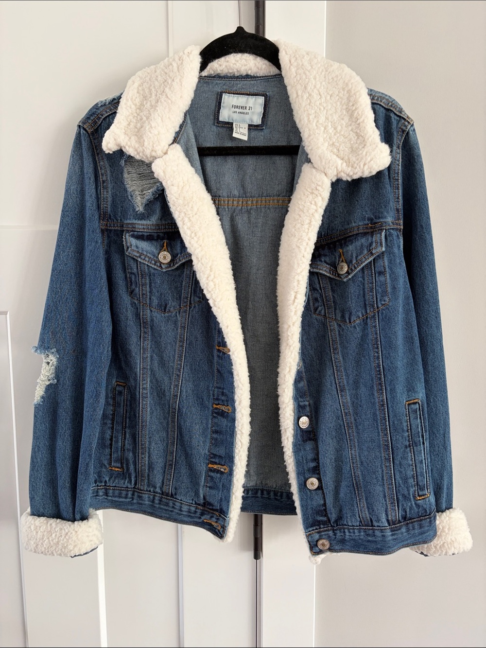 Forever 21 Blue Denim Jacket with Cream Sherpa Trim